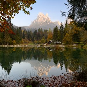 Preview wallpaper mountains, trees, pond, house, landscape