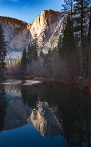 Preview wallpaper mountains, trees, reflection, lake, landscape, nature, silence