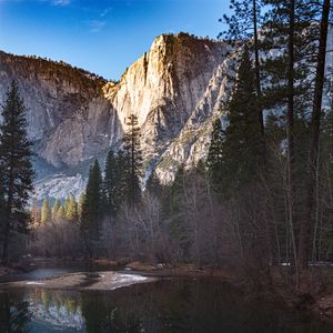 Preview wallpaper mountains, trees, reflection, lake, landscape, nature, silence