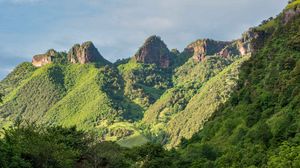 Preview wallpaper mountains, trees, river, nature, landscape, sky