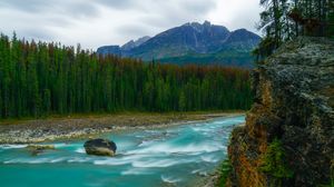 Preview wallpaper mountains, trees, river, rocks, landscape