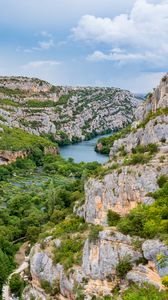 Preview wallpaper mountains, trees, river, nature, landscape, aerial view