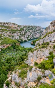 Preview wallpaper mountains, trees, river, nature, landscape, aerial view