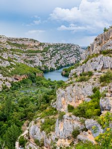 Preview wallpaper mountains, trees, river, nature, landscape, aerial view