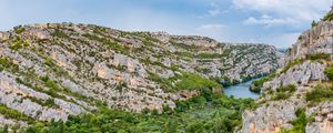 Preview wallpaper mountains, trees, river, nature, landscape, aerial view