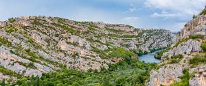 Preview wallpaper mountains, trees, river, nature, landscape, aerial view