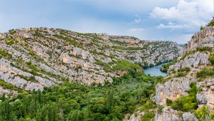 Preview wallpaper mountains, trees, river, nature, landscape, aerial view