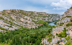 Preview wallpaper mountains, trees, river, nature, landscape, aerial view