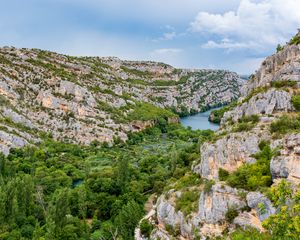 Preview wallpaper mountains, trees, river, nature, landscape, aerial view