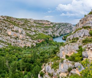 Preview wallpaper mountains, trees, river, nature, landscape, aerial view