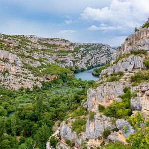 Preview wallpaper mountains, trees, river, nature, landscape, aerial view