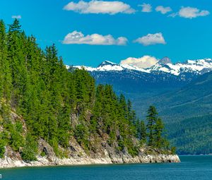 Preview wallpaper mountains, trees, river, clouds, landscape, nature