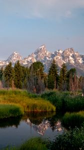 Preview wallpaper mountains, trees, river, meadow, grass, landscape