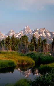 Preview wallpaper mountains, trees, river, meadow, grass, landscape