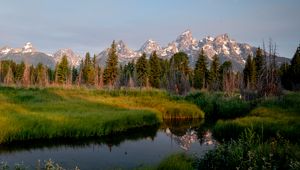 Preview wallpaper mountains, trees, river, meadow, grass, landscape