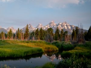 Preview wallpaper mountains, trees, river, meadow, grass, landscape