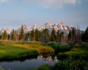 Preview wallpaper mountains, trees, river, meadow, grass, landscape