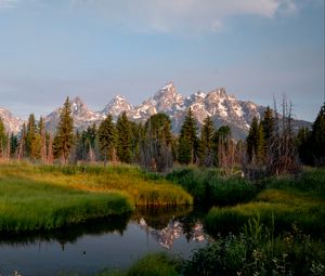 Preview wallpaper mountains, trees, river, meadow, grass, landscape