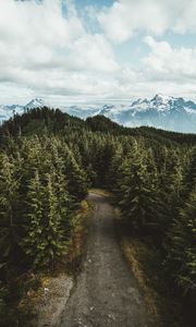 Preview wallpaper mountains, trees, road, aerial view, landscape, sky, darrington, united states