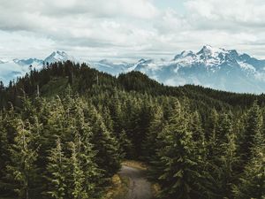 Preview wallpaper mountains, trees, road, aerial view, landscape, sky, darrington, united states