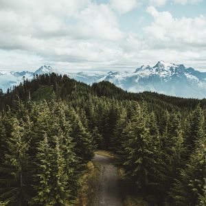 Preview wallpaper mountains, trees, road, aerial view, landscape, sky, darrington, united states