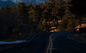 Preview wallpaper mountains, trees, road, turn, landscape