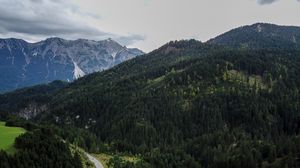 Preview wallpaper mountains, trees, road, aerial view, landscape