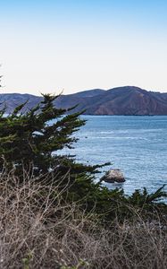 Preview wallpaper mountains, trees, sea, ship, nature, sky