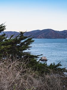 Preview wallpaper mountains, trees, sea, ship, nature, sky