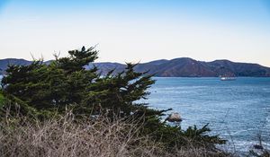Preview wallpaper mountains, trees, sea, ship, nature, sky
