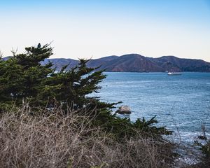 Preview wallpaper mountains, trees, sea, ship, nature, sky