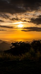 Preview wallpaper mountains, trees, silhouettes, sun, sunset, dark