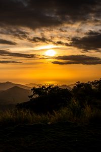 Preview wallpaper mountains, trees, silhouettes, sun, sunset, dark