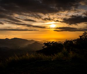 Preview wallpaper mountains, trees, silhouettes, sun, sunset, dark
