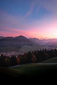 Preview wallpaper mountains, trees, sky, dawn, switzerland