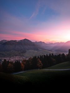 Preview wallpaper mountains, trees, sky, dawn, switzerland