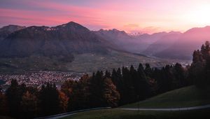 Preview wallpaper mountains, trees, sky, dawn, switzerland