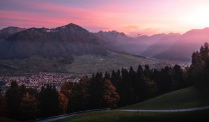 Preview wallpaper mountains, trees, sky, dawn, switzerland