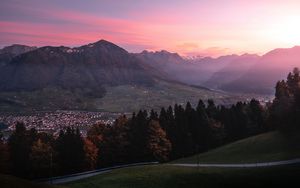 Preview wallpaper mountains, trees, sky, dawn, switzerland