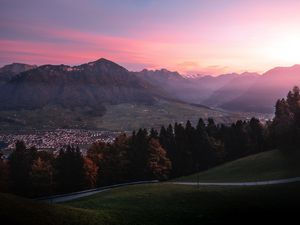 Preview wallpaper mountains, trees, sky, dawn, switzerland