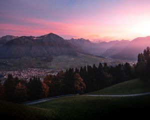 Preview wallpaper mountains, trees, sky, dawn, switzerland