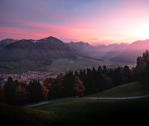 Preview wallpaper mountains, trees, sky, dawn, switzerland