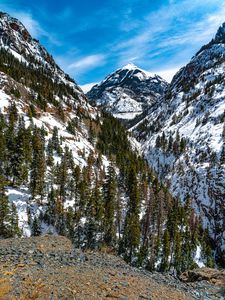 Preview wallpaper mountains, trees, slope, snow, view