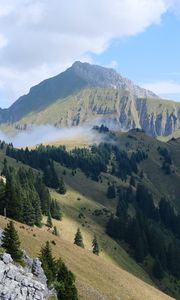 Preview wallpaper mountains, trees, slopes, clouds, landscape