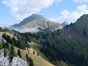 Preview wallpaper mountains, trees, slopes, clouds, landscape