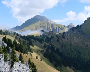Preview wallpaper mountains, trees, slopes, clouds, landscape