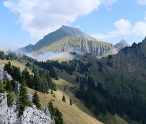 Preview wallpaper mountains, trees, slopes, clouds, landscape