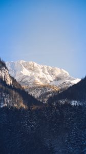 Preview wallpaper mountains, trees, snow, peak, sky