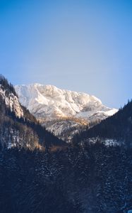 Preview wallpaper mountains, trees, snow, peak, sky