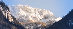 Preview wallpaper mountains, trees, snow, peak, sky